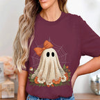 Girly Ghost Lace Shirt, Cute Halloween Spirit Bow Tee, Spooky Floral Haunted Top, Women Halloween Shirt, Girl Ghost Halloween Sweatshirt