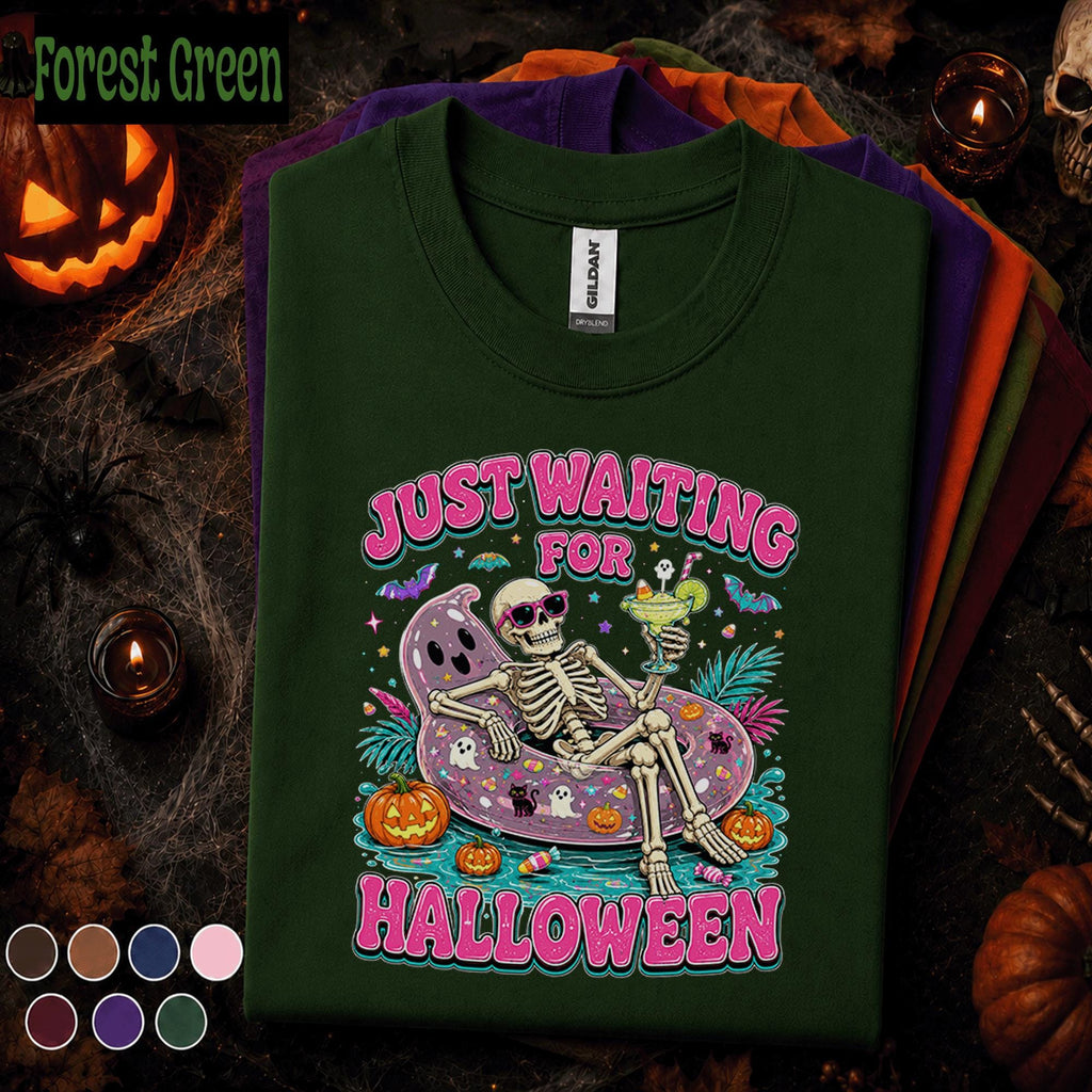 Just Waiting for Halloween Shirt, Funny Skeleton Pool Float Tee, Spooky Summer Halloween Shirt, Pink Halloween Skeleton Gift