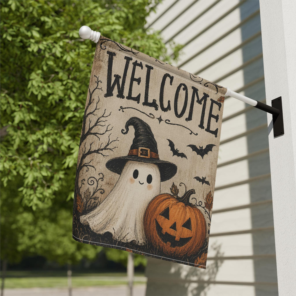 Ghost Witch Halloween Garden Flag, Welcome Pumpkin Yard Decor, Cute Spooky Witch Hat Ghost, Vintage Halloween Outdoor Porch Decoration