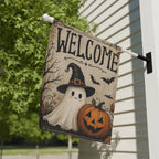 Ghost Witch Halloween Garden Flag, Welcome Pumpkin Yard Decor, Cute Spooky Witch Hat Ghost, Vintage Halloween Outdoor Porch Decoration