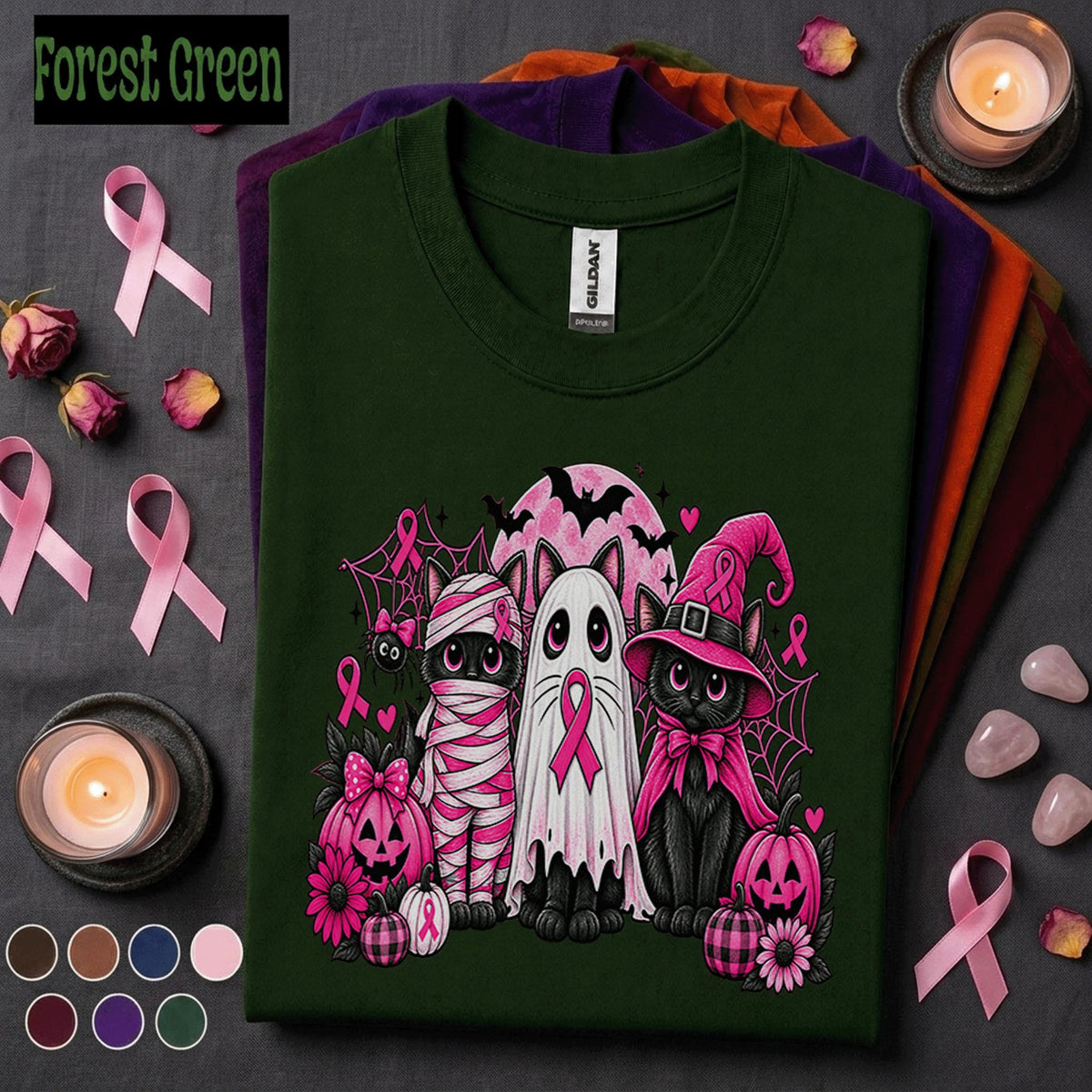 Breast Cancer Awareness Halloween Shirt, Pink Ribbon Black Cat Tee, Spooky October Cancer Support Shirt, Halloween Pink Out Survivor Gift
