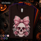 Pink Bow Skull Halloween Shirt, Coquette Skeleton Tee, Floral Skull T Shirt, Girly Spooky Season Top, Gothic Halloween Gift for Women
