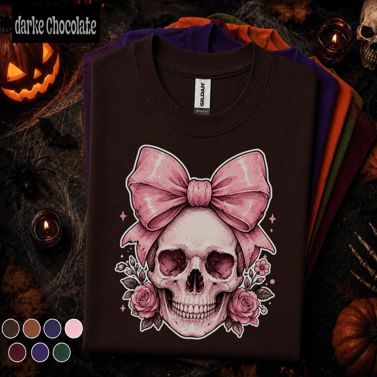 Pink Bow Skull Halloween Shirt, Coquette Skeleton Tee, Floral Skull T Shirt, Girly Spooky Season Top, Gothic Halloween Gift for Women