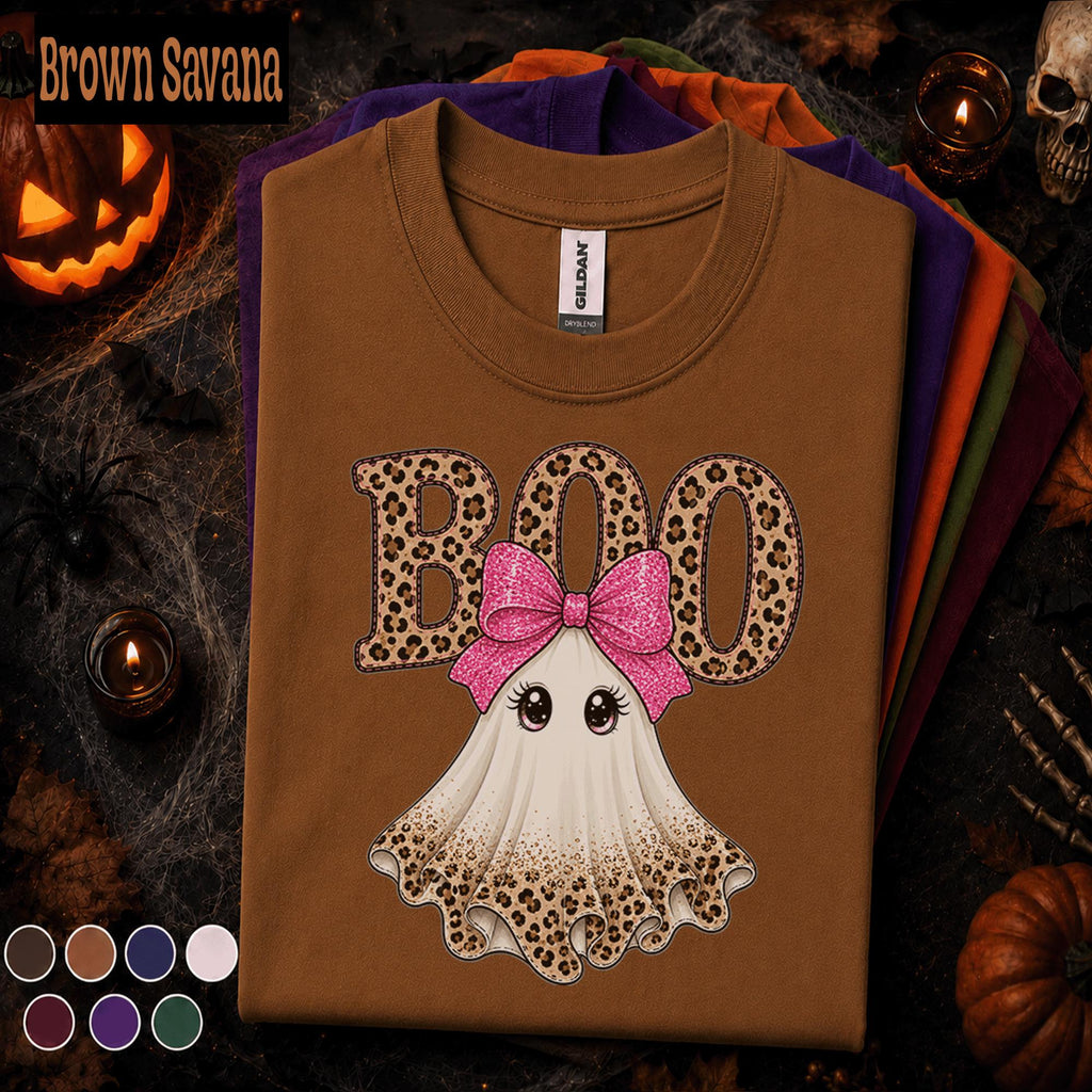Boo Halloween Shirt, Cute Ghost Tee, Pink Bow Halloween Top, Leopard Print Ghost Shirt, Girly Spooky Season Tee, Fall Gift
