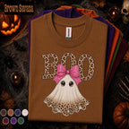 Boo Halloween Shirt, Cute Ghost Tee, Pink Bow Halloween Top, Leopard Print Ghost Shirt, Girly Spooky Season Tee, Fall Gift