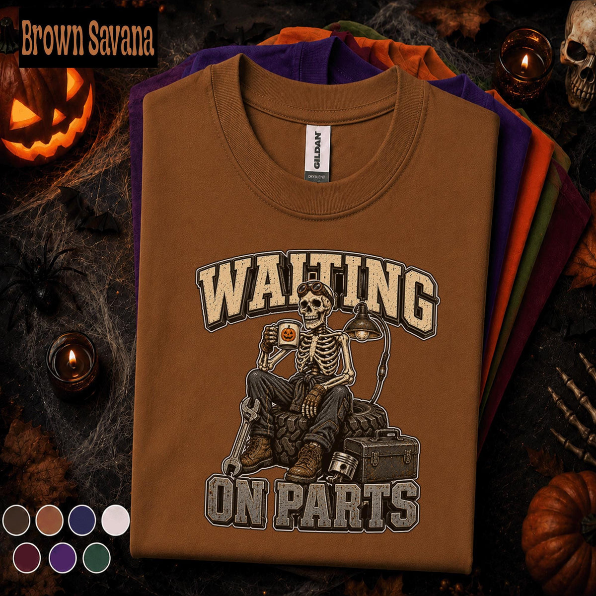 Mechanic Halloween Shirt, Waiting on Parts Tee, Funny Skeleton Mechanic Gift, Auto Repair Technician, Spooky Garage Worker T-Shirt