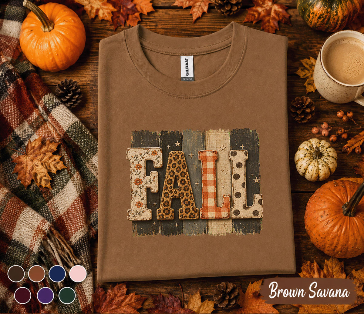 Fall Shirt, Rustic Autumn Tee, Cozy Fall Season T-Shirt, Leopard Plaid Floral Lettering, Pumpkin Patch Outfit, Thanksgiving Gift