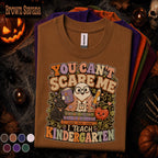 You Cant Scare Me I Teach Kindergarten Halloween Shirt, Funny Ghost Teacher Tee, Spooky Kindergarten Teacher Gift, Fall Classroom Tee