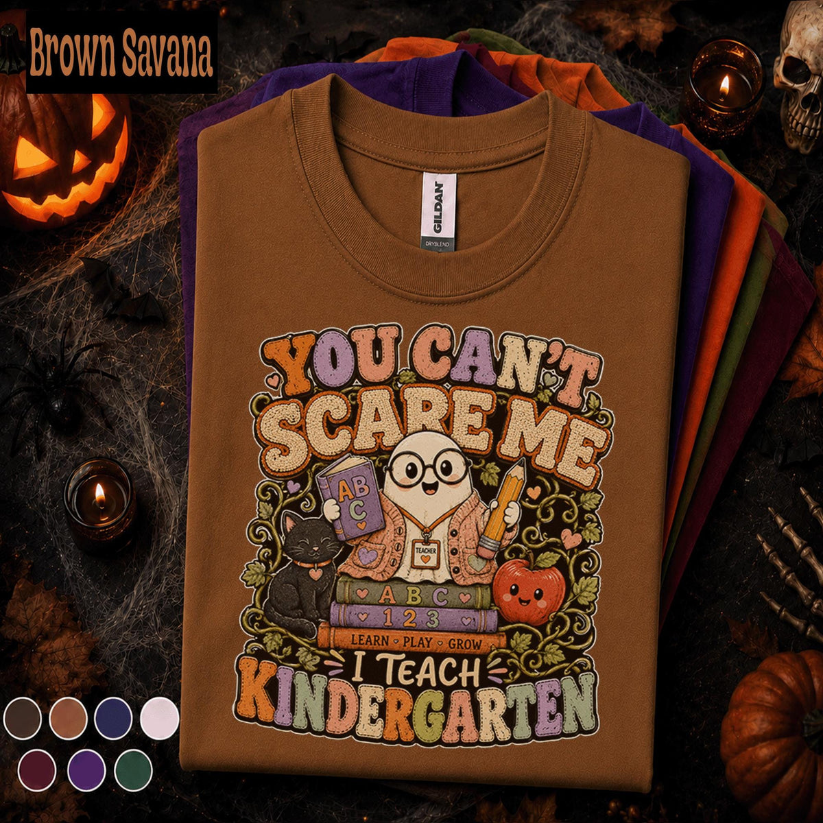 You Cant Scare Me I Teach Kindergarten Halloween Shirt, Funny Ghost Teacher Tee, Spooky Kindergarten Teacher Gift, Fall Classroom Tee