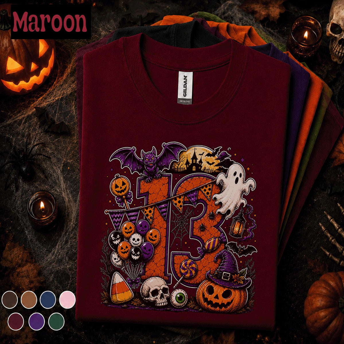 13th Birthday Halloween Shirt, Spooky Number 13 Tee, October Birthday Party Shirt, Ghost Pumpkin Witch Teen Halloween Birthday Gift