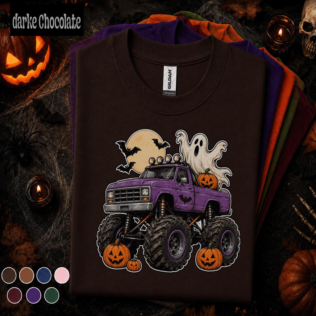 Halloween Monster Truck Shirt, Purple Pickup Ghost Tee, Pumpkin Truck T Shirt, Spooky Off Road, Kids Youth Boys Halloween Gift Truck Lovers