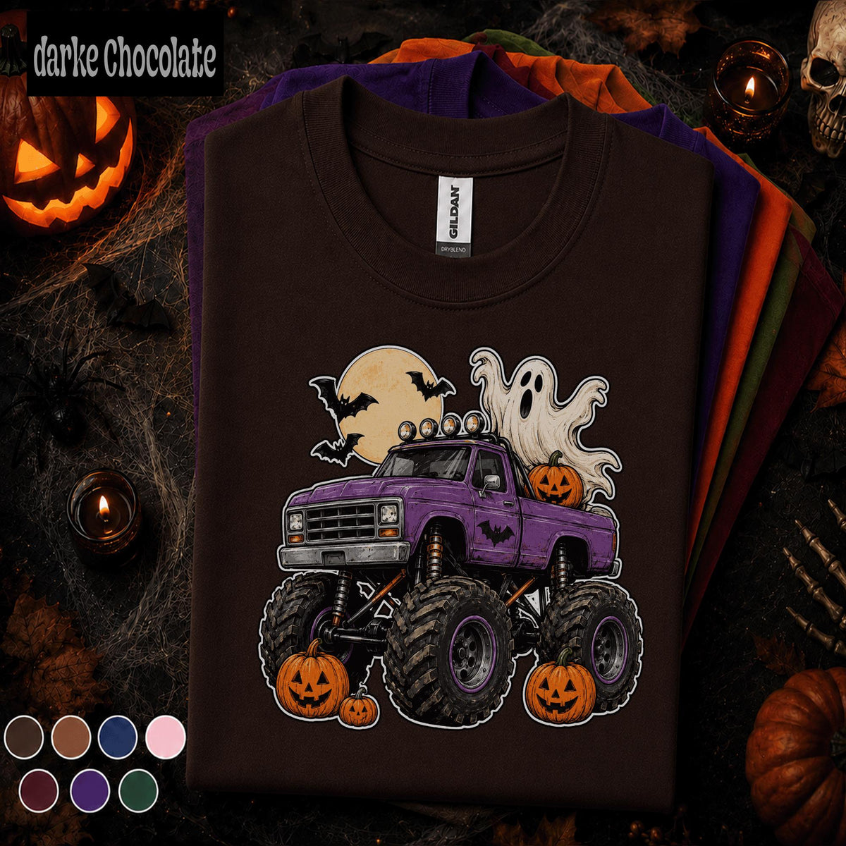 Halloween Monster Truck Shirt, Purple Pickup Ghost Tee, Pumpkin Truck T Shirt, Spooky Off Road, Kids Youth Boys Halloween Gift Truck Lovers