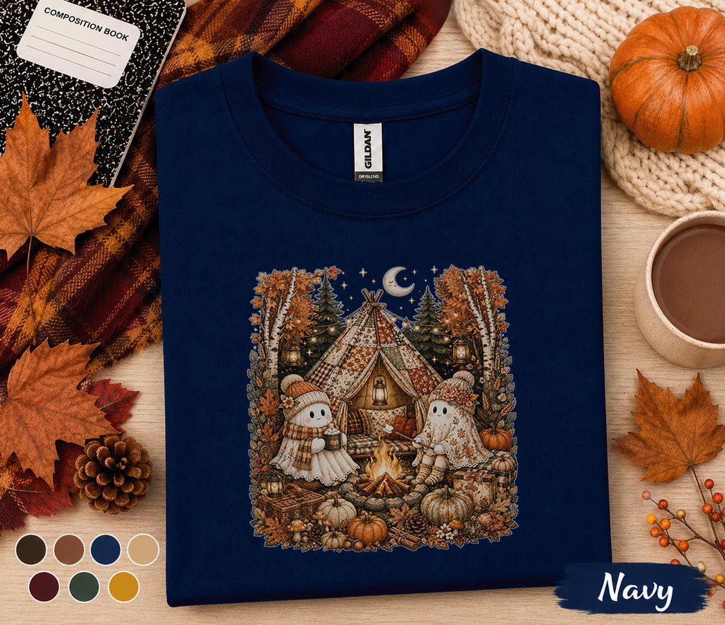 Cute Ghost Camping Fall Shirt, Cozy Autumn Campfire Ghost Sweatshirt, Halloween Glamping Tee, Pumpkin Camp Shirt, Spooky Season Nature Gift