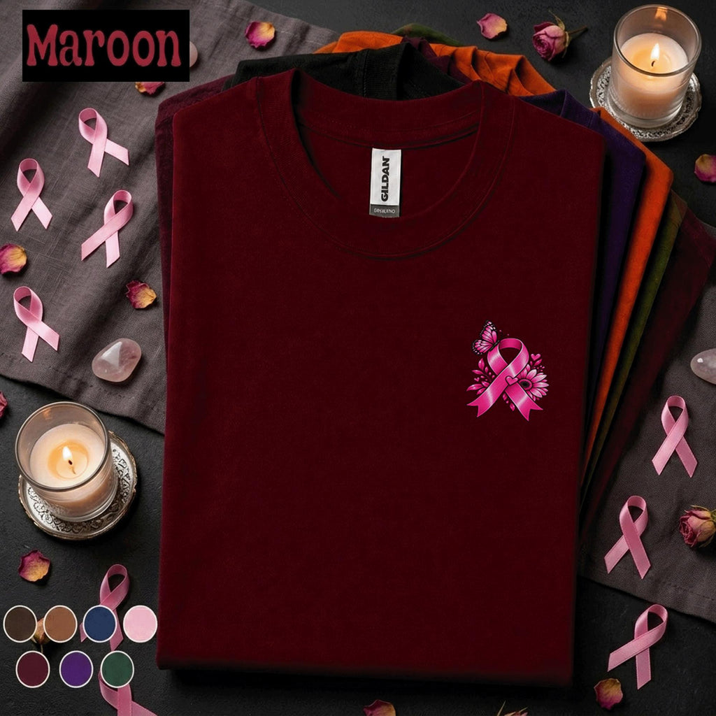 Breast Cancer Awareness Shirt, Pink Ribbon Pocket Tee, Minimalist Floral Butterfly Shirt, October Pink Out Support Gift for Women