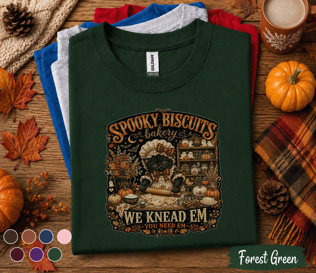Spooky Biscuits Bakery Shirt, Halloween Black Cat Baker Tee, Cute Ghost Cookie T-Shirt, Witchy Baking Gift, Spooky Season Fall Shirt
