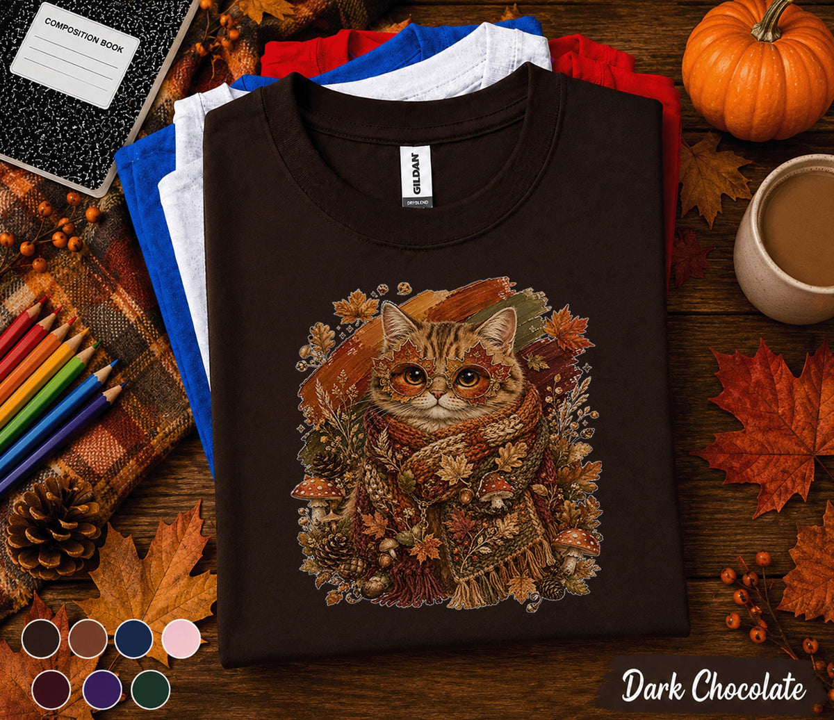 Cute Fall Cat Shirt, Cozy Autumn Kitten with Leaf Glasses Tee, Cottagecore Cat Lover T-Shirt, Pumpkin Season Thanksgiving Gift