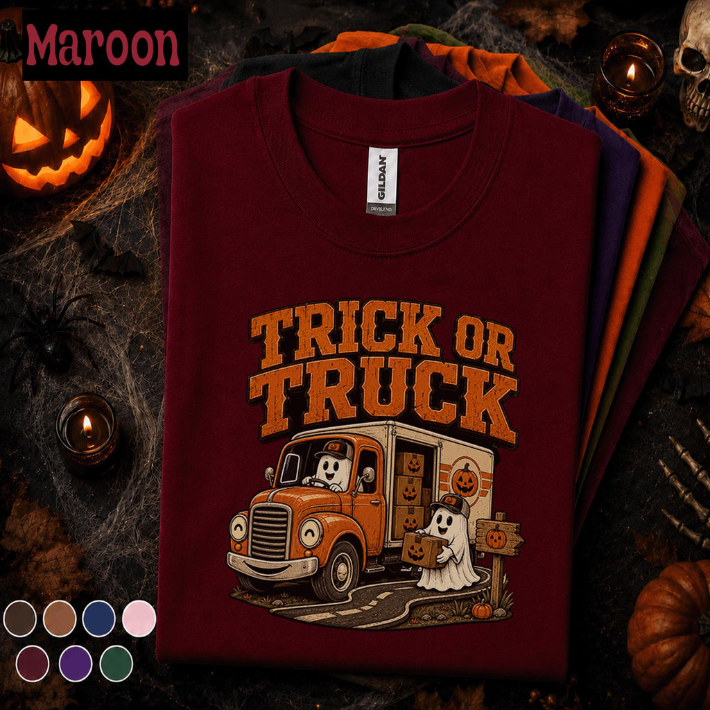 Trick or Truck Halloween Shirt, Funny Ghost Truck Driver Tee, Spooky Delivery Driver Gift, Pumpkin Truck Costume, Retro Fall Tee