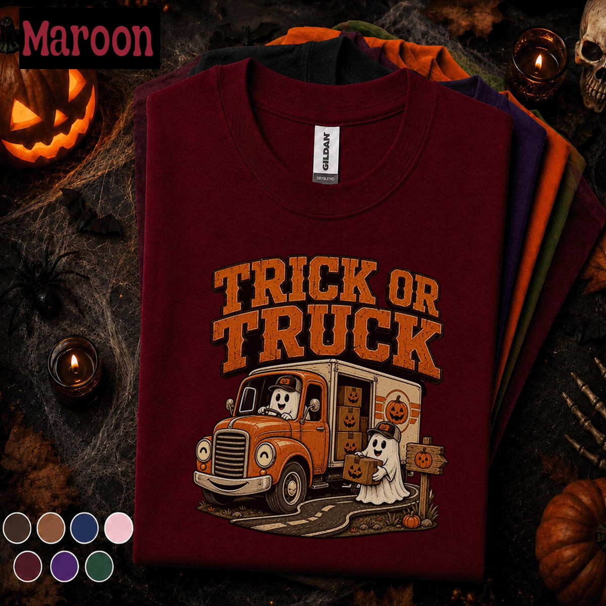 Trick or Truck Halloween Shirt, Funny Ghost Truck Driver Tee, Spooky Delivery Driver Gift, Pumpkin Truck Costume, Retro Fall Tee