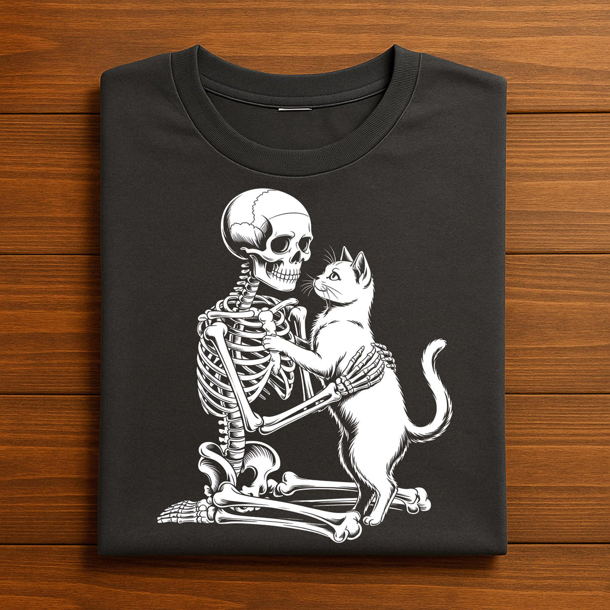 Skeleton Cat Shirt, Spooky Skeleton with Black Cat Halloween Tee