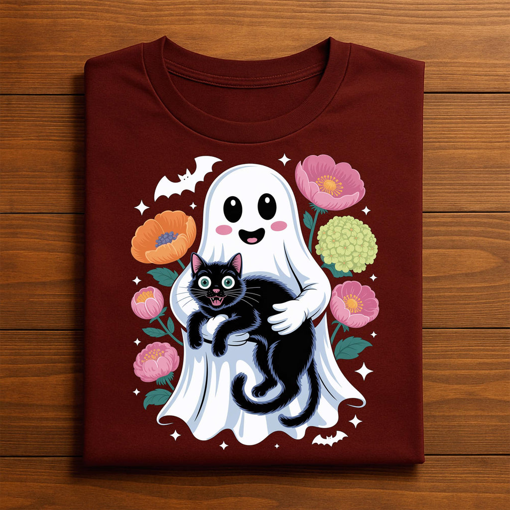 Cute Ghost Holding Black Cat with Flowers Shirt, Kawaii Spooky Halloween Ghost Tee