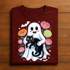 Cute Ghost Holding Black Cat with Flowers Shirt, Kawaii Spooky Halloween Ghost Tee