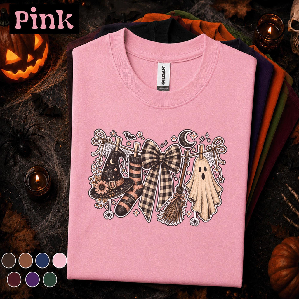 Witchy Ghost Halloween Shirt, Spooky Season T Shirt, Checkered Bow Tee, Witch Hat Broom Shirt, Cute Coquette Halloween Gift