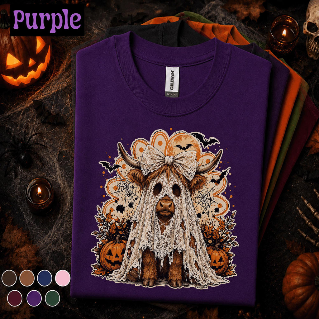 Highland Cow Halloween Shirt, Ghost Costume Cow Tee, Cute Spooky Season Tshirt, Pumpkin Fall Tee, Farmhouse Halloween Gift