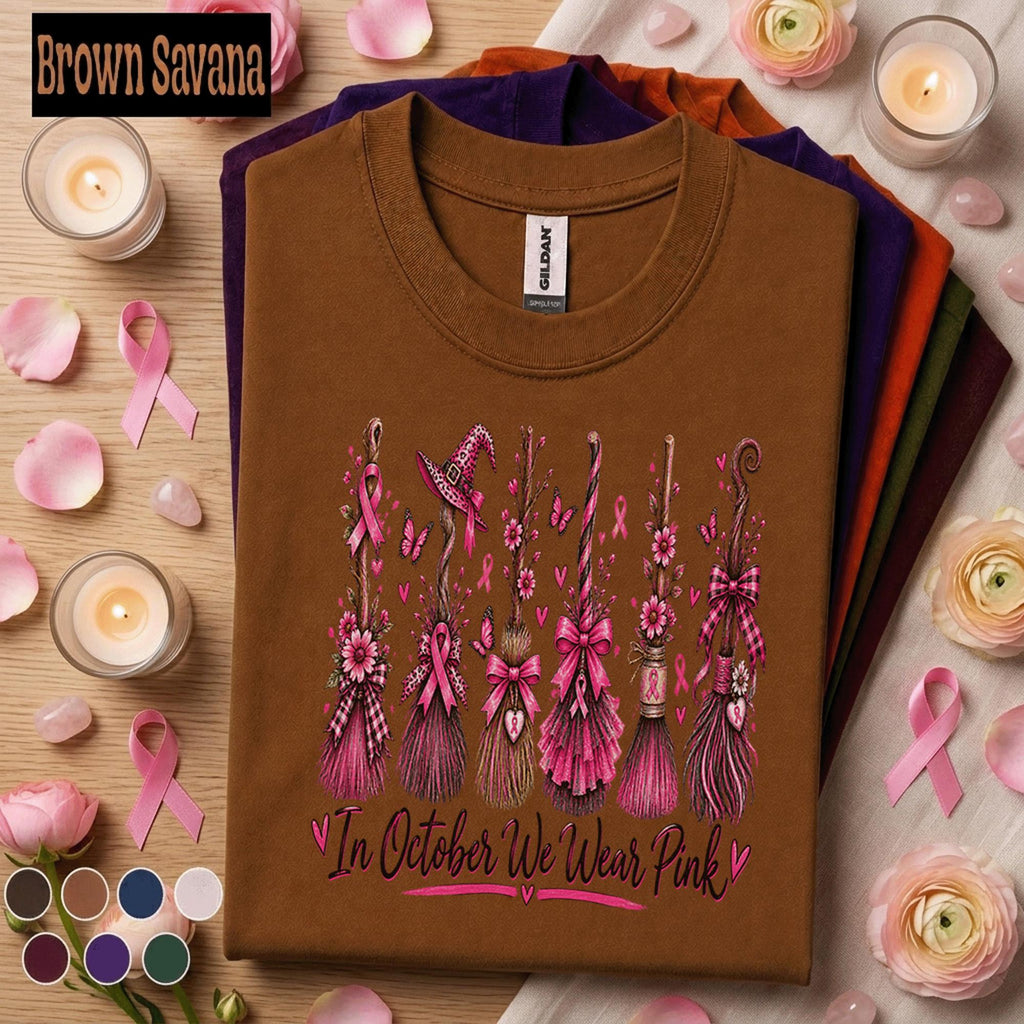 Breast Cancer Awareness Shirt, In October We Wear Pink Tee, Pink Ribbon Witch Broom Shirt, Survivor Fighter Support Gift for Women Mom