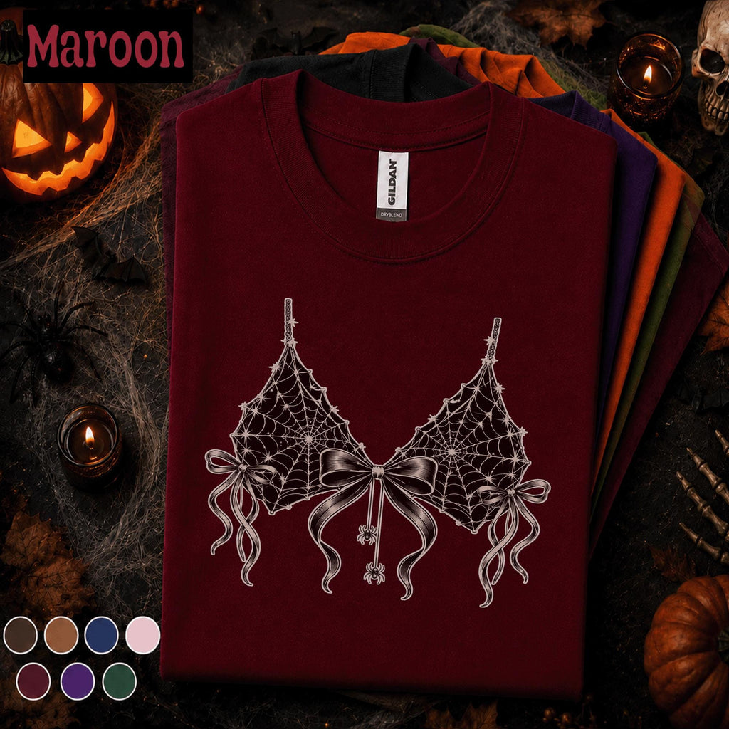 Spider Web Bow Halloween Shirt, Gothic Coquette T Shirt, Spooky Lingerie Tee, Witchy Aesthetic Top, Halloween Gift for Her