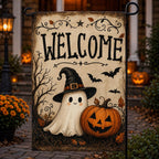 Ghost Witch Halloween Garden Flag, Welcome Pumpkin Yard Decor