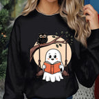 owl Ghost Reading Books Shirt, Teacher Librarian Halloween, Halloween Book Lover, Halloween School, spooky moon ghost readers Sweatshirt