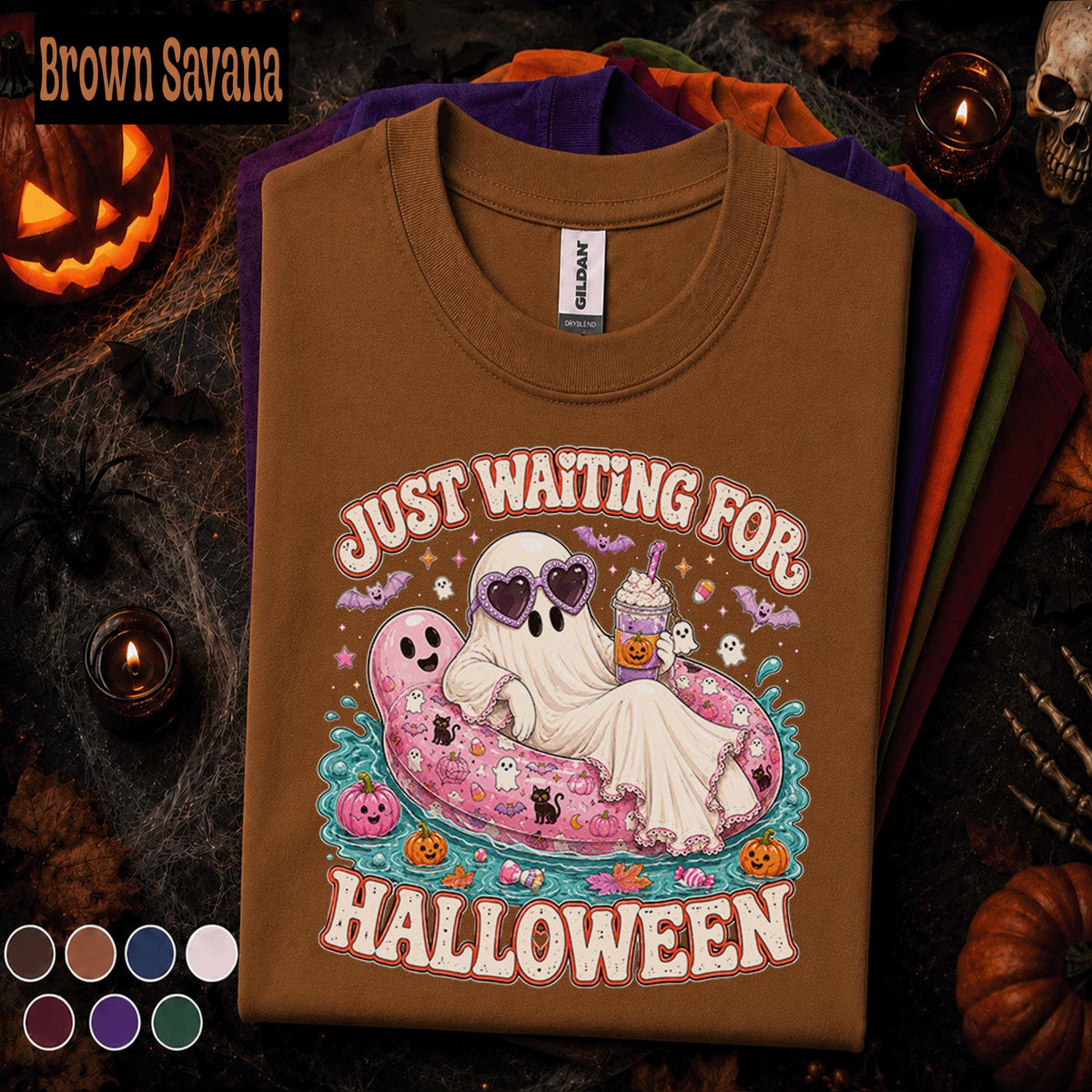 Just Waiting for Halloween Shirt, Cute Ghost Pool Float Tee, Pink Spooky Season, Funny Halloween Party Gift, Retro Ghost T Shirt