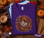 Cute Sleeping Fall Cat Shirt, Cozy Autumn Kitten Wreath Tee, Woodland Cat Lover T-Shirt, Pumpkin Season Thanksgiving Gift for Women