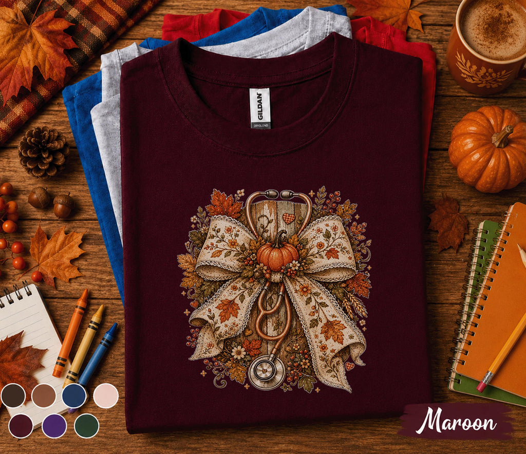 Fall Nurse Bow Shirt, Autumn Nurse Shirt, Floral Stethoscope Pumpkin Tee, Cozy RN Fall Shirt, Nurse Gift, Medical Worker Autumn Sweatshirt