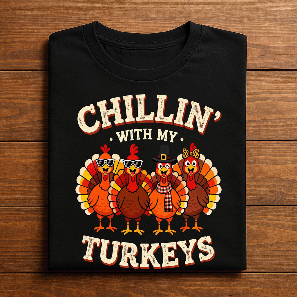 Chillin With My Turkeys Funny Thanksgiving Shirt, Fall Family Outfit Autumn Turkey Squad Matching Holiday Tee