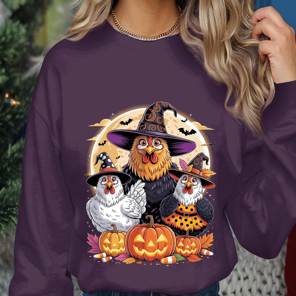 Chicken Family Halloween Shirt, Witch Hen with Pumpkins Tee, Spooky Farm Animal Costume Top, Funny Poultry Fall Harvest Halloween Gift