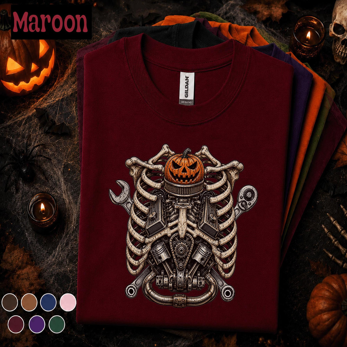 Mechanic Halloween Shirt, Skeleton Engine Rib Cage Tee, Pumpkin Auto Mechanic Gift, Spooky Garage Technician Vintage Halloween T-Shirt
