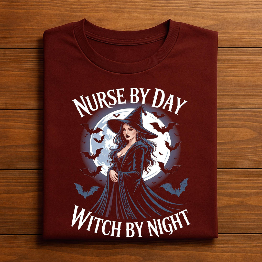 Nurse by Day Witch by Night Shirt, Gift Nurse Witch Halloween Nurse Tee with Full Moon and Bats, Spooky Nurse Costume for Healthcare Workers