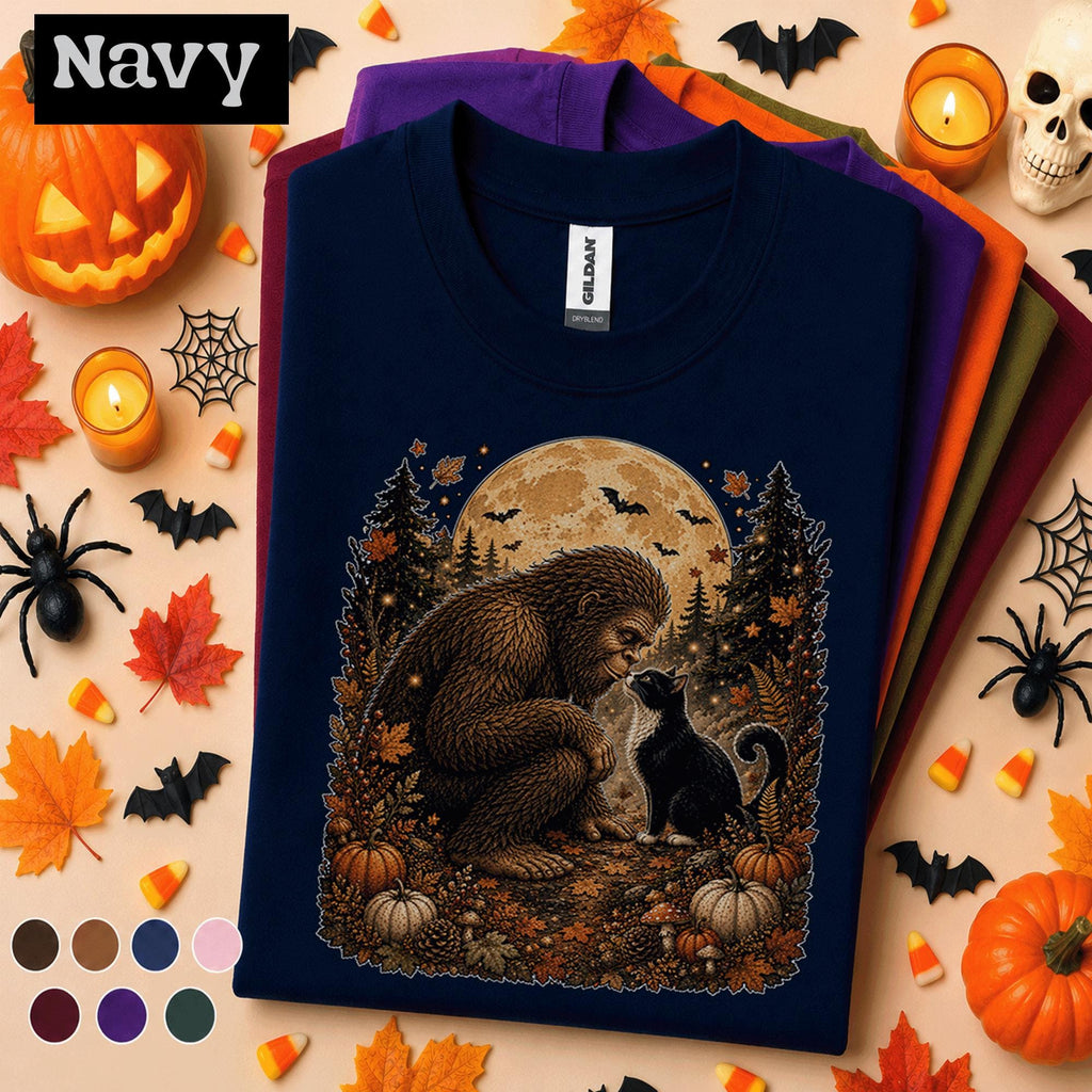 Bigfoot Halloween Shirt, Sasquatch Black Cat Tee, Full Moon Cryptid, Spooky Forest Fall Shirt, Pumpkin Halloween Gift for Cat Lovers