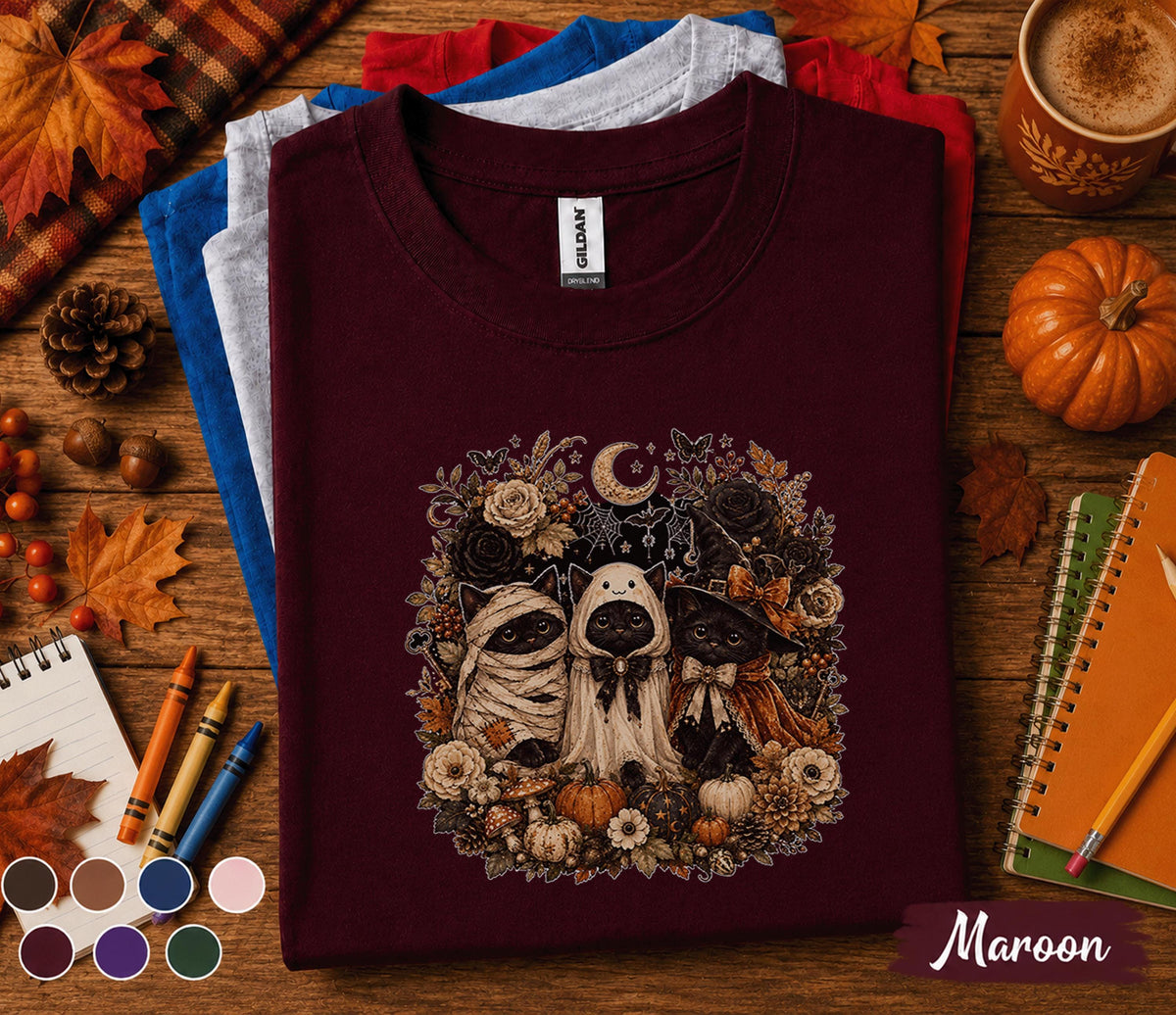 Cute Halloween Black Cat Shirt, Spooky Ghost Kitty Witch Tee, Autumn Pumpkin Cat Lover T-Shirt, Cute Fall Costume Gift for Women