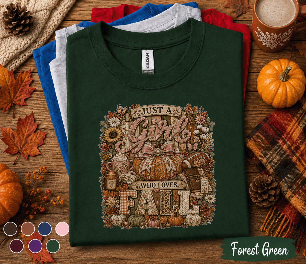 Just A Girl Who Loves Fall Shirt Cute Autumn Pumpkin Tee Coquette Fall Aesthetic Shirt Football Season Thanksgiving Gift