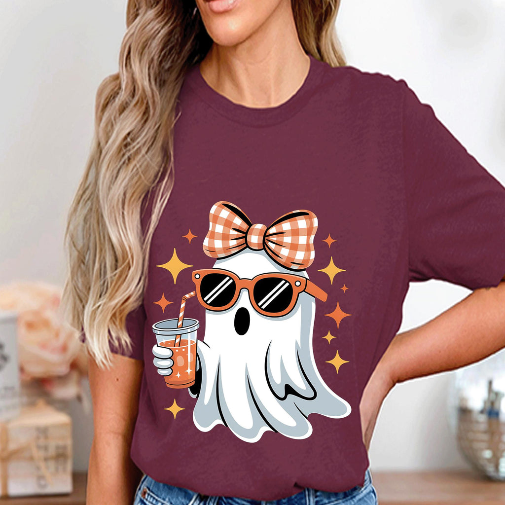 Trendy Ghost Halloween Shirt, Cute Ghost with Bow and Sunglasses Tee, Aesthetic Spooky Season Sweatshirt, Girly Ghost Halloween Gift Shirt