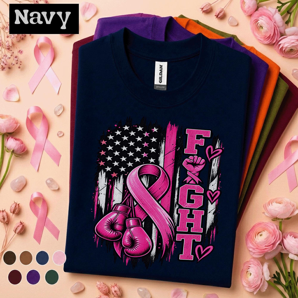 Breast Cancer Awareness Shirt, Fight Pink Ribbon Tee, Boxing Gloves Fighter Shirt, American Flag October Support Survivor Gift Women