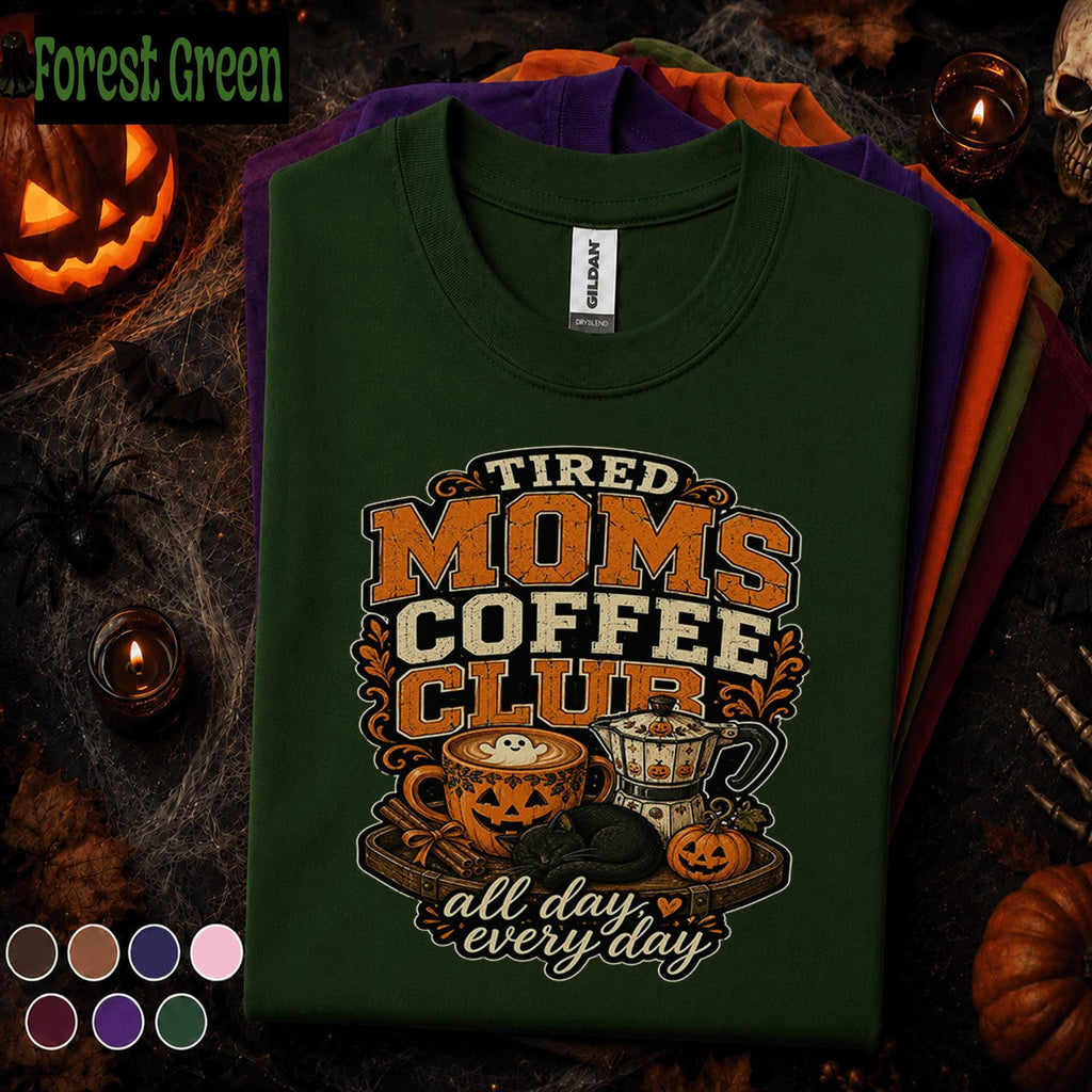 Tired Moms Coffee Club Halloween Shirt, Spooky Coffee Mom Tee, Pumpkin Latte Graphic Shirt, Cozy Fall Mom Gift, Halloween Coffee Lover Tee
