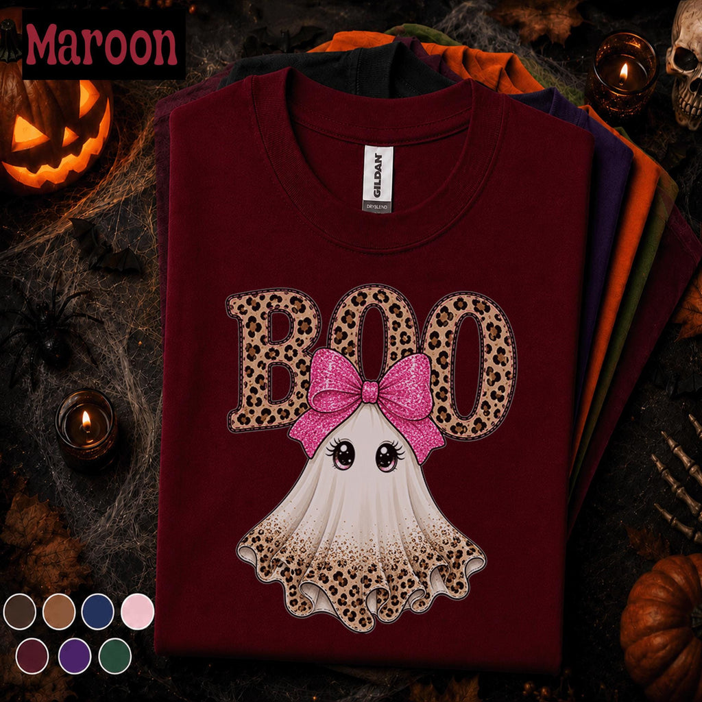 Boo Halloween Shirt, Cute Ghost Tee, Pink Bow Halloween Top, Leopard Print Ghost Shirt, Girly Spooky Season Tee, Fall Gift