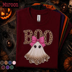 Boo Halloween Shirt, Cute Ghost Tee, Pink Bow Halloween Top, Leopard Print Ghost Shirt, Girly Spooky Season Tee, Fall Gift
