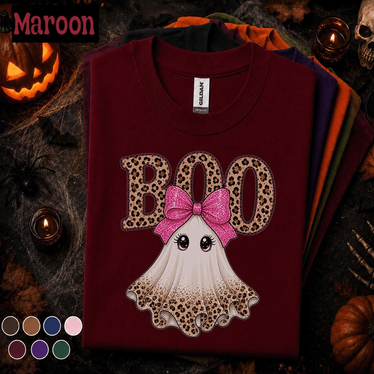 Boo Halloween Shirt, Cute Ghost Tee, Pink Bow Halloween Top, Leopard Print Ghost Shirt, Girly Spooky Season Tee, Fall Gift