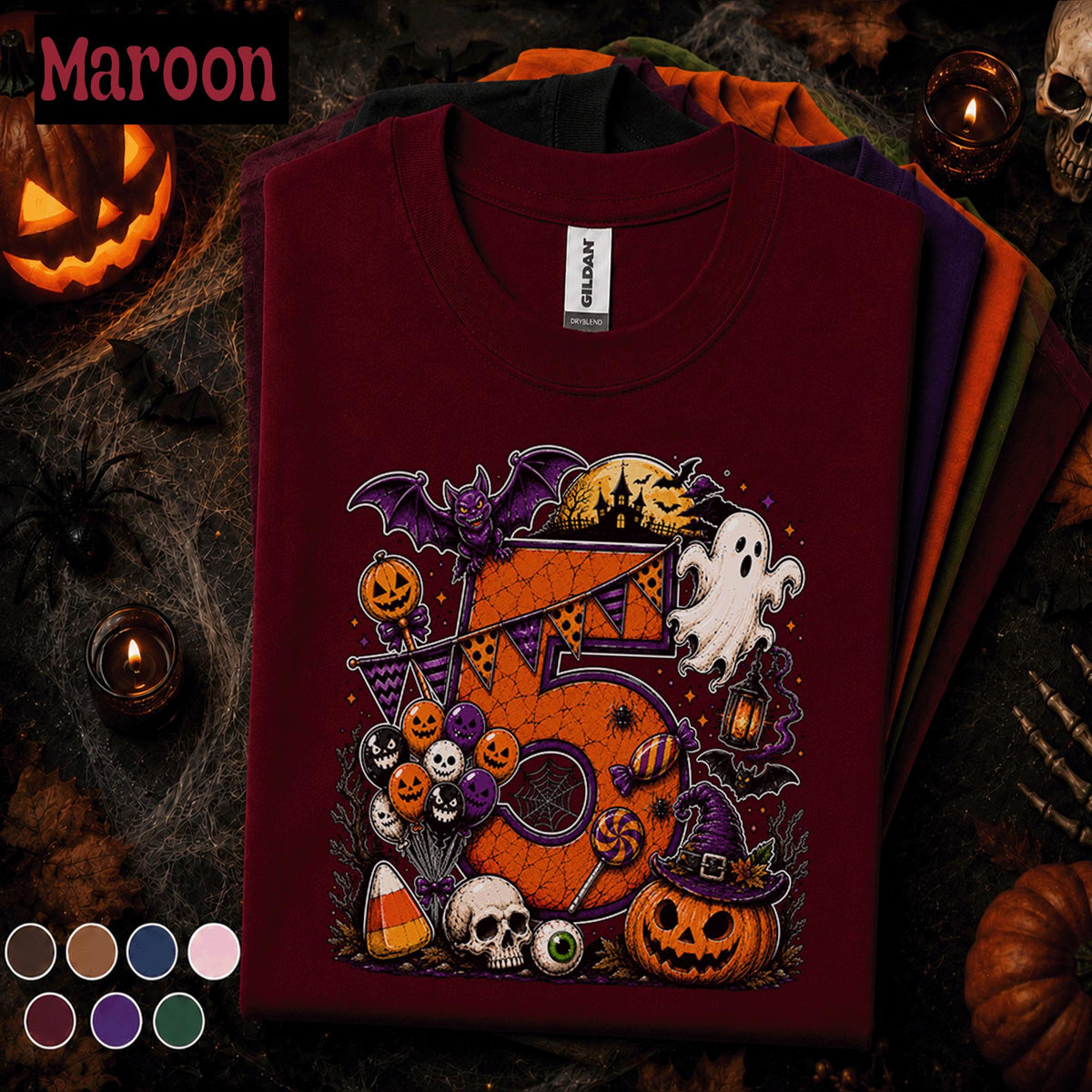 5th Birthday Halloween Shirt, Spooky Number 5 Tee, October Birthday Party Shirt, Ghost Pumpkin Witch Kids Halloween Gift for Girls Boys