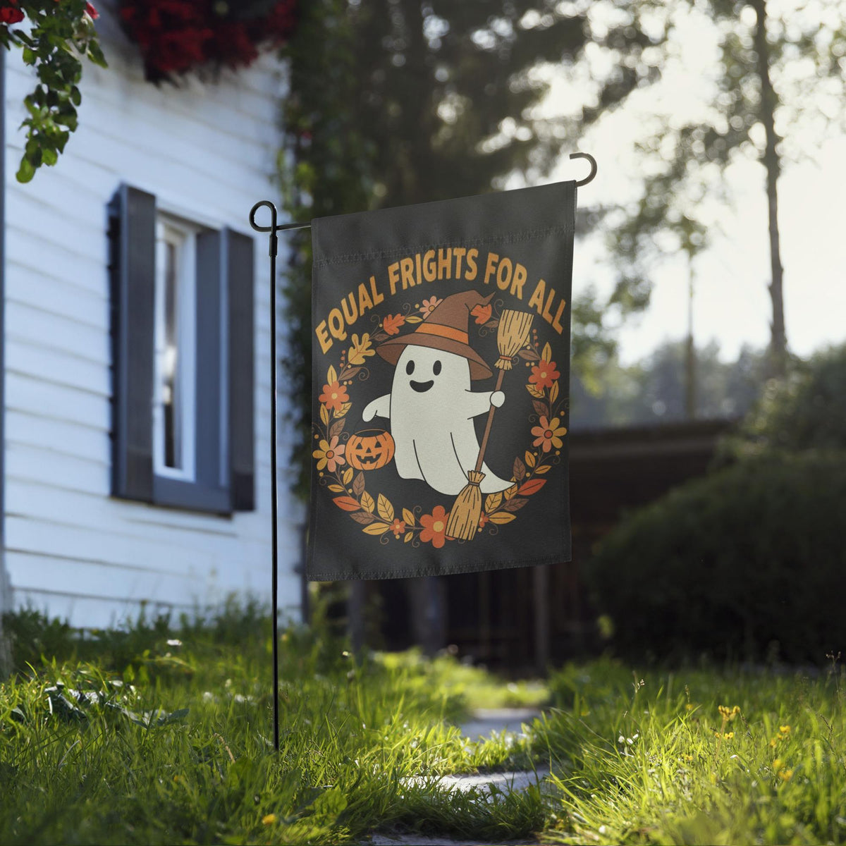 Equal Frights Halloween Garden Flag: Ghost, Pumpkin, Equality Message - Autumn Decor, Equal Frights Halloween Garden Flag