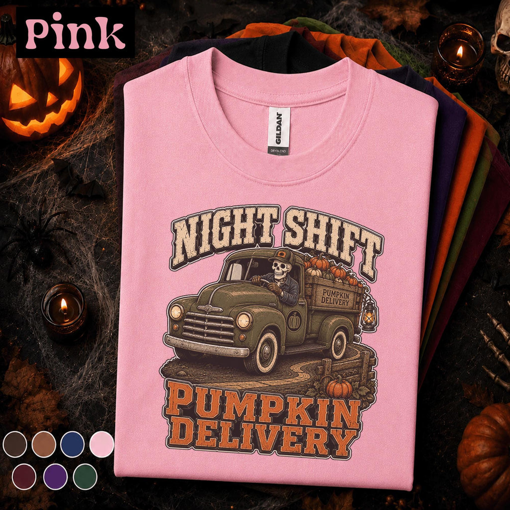 Night Shift Pumpkin Delivery Halloween Shirt, Skeleton Truck Driver Tee, Spooky Trucker Gift, Vintage Fall Pickup Truck Halloween T-Shirt